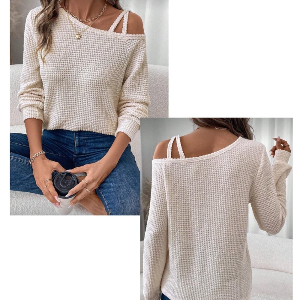 260. Casual Comfort Waffle Knit Long Sleeve Top | Cross Strap Detail in Medium